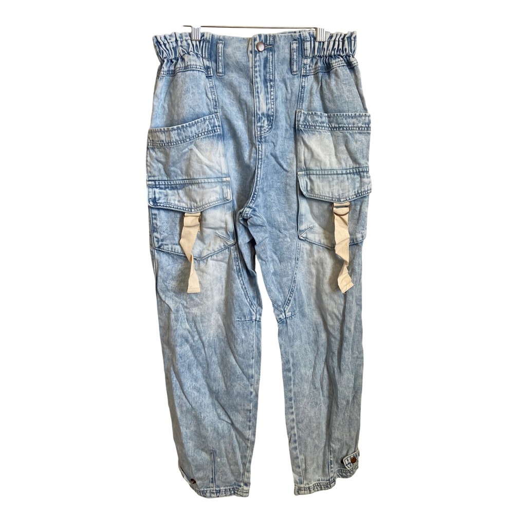 Oli & Hali Acid Wash Cargo Pants Light Blue Paperbag Waist JP0258‎ Large